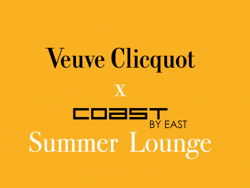 Gelber Hintergrund mit dem Text: Veuve Clicquot x Coast von East Summer Lounge in schwarz-weißer Schriftart.