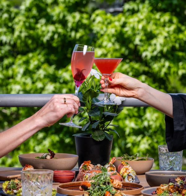 Zwei Personen stoßen mit rosa Cocktails an einem mit verschiedenen Gerichten gedeckten Tisch im Freien an, im Hintergrund sind grüne Bäume zu sehen.